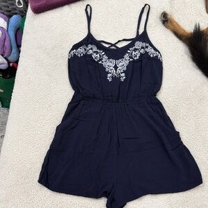 H&M Blue Romper with Floral Embroidery